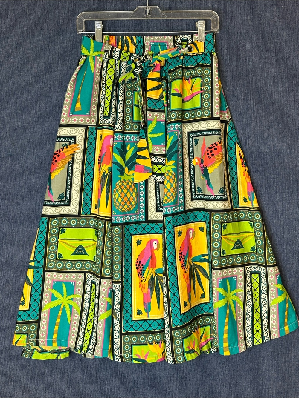 Cato Tropical A-Line Skirt in Teal, Yellow & Pink.Patchwork design.
